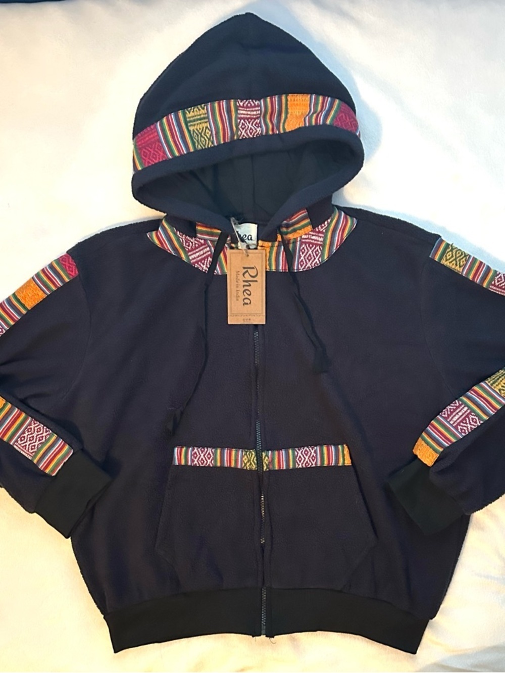 Rhea India Fleecy Top Full Zip Fleece Hoodie Women’s XL Black Colorful Boho trim